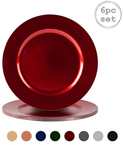 Argon Tableware Metallic Charger Plates - Red - 33cm - Pack of 6 - Metallic Finish Reusable Dining Table Setting Plates for Christmas, Party Celebrations, Restaurant Decor Placemats