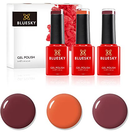 BLUESKY Gel Polish, Gel Nagellack Set, Autumn Leaves. Blast From The Past Aw1807, Cinnamon Roll Bp27, Pumpkin Spice Bp01; 3 x 5 ml Rosa, Rot, Orange