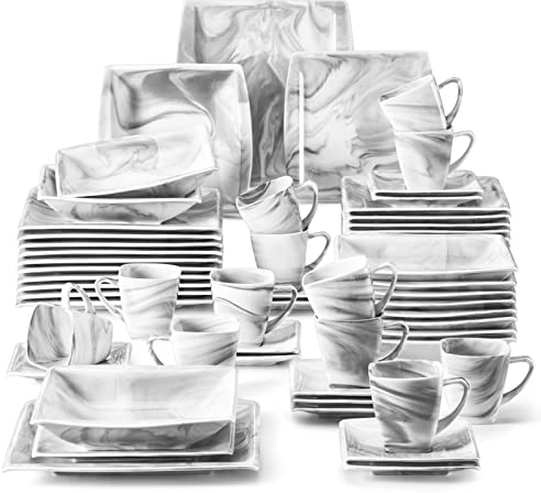MALACASA Service de vaisselle en porcelaine, gris marbre carré, 60 pièces avec 12 tasses à café, 12 assiettes à dessert, 12 assiettes plates et 12 assiettes creuses pour 6 personnes, série BLANCE