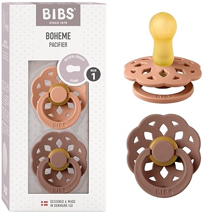 BIBS Boheme Ciuccio confezione da 2 pezzi. Privo di BPA. Tettarella tonda, Misura 1 (0-6 mesi), Peach/Woodchuck