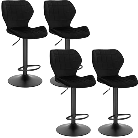 WOLTU Barhocker 4er Set höhenverstellbarer Hocker 60-82 cm 360° Drehstuhl mit Rückenlehne Fußstütze Barstuhl aus Samt Metall Stehhocker Schwarz BH324sz-4