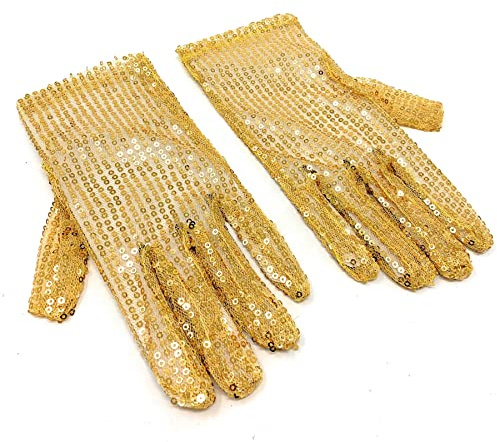 Cadoline Goldfarbene Damen-Kostümhandschuhe aus Polyester mit Pailletten, 22 cm