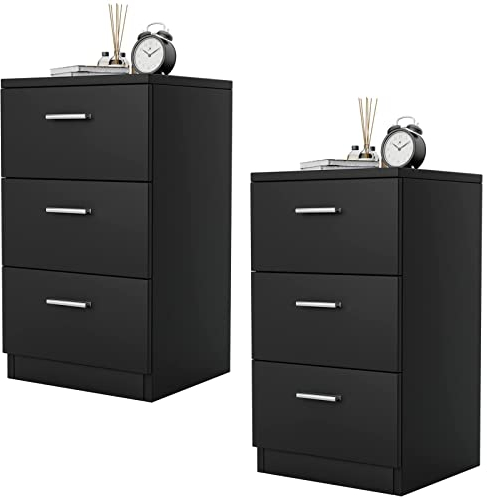 COSTWAY 2er Set Nachttisch mit 3 Schubladen, Nachtschrank für Boxspringbett, Nachtkommode, Nachtkonsole, Beistelltisch für Schlafzimmer, Wohnzimmer, 38 x 35 x 66 cm, Schwarz
