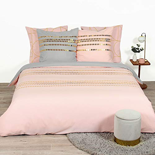 CÔTE DECO Set Housse de Couette 260x240 cm + 2 Taies d'oreiller 63x63cm Parure de lit pour 2 Personnes imprimé géométrique Or et Rose