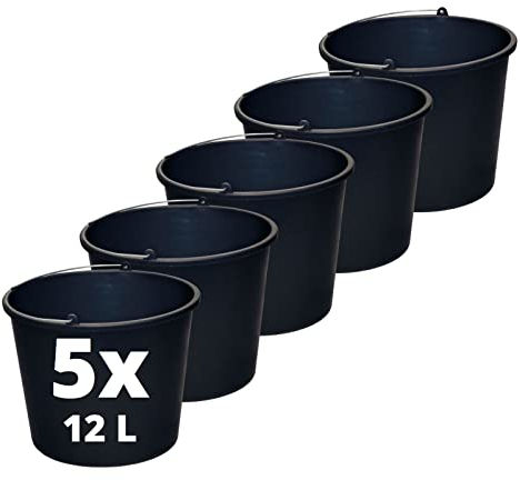 STELLA GREEN 5X Baueimer 12L - Eimer - Mörtelkübel rund 12 Liter - Tragbarkeit - aus Robustem Flexiblem Kunststoff - Kübel - Widerstandsfähig Gegen Mechanische Beschädigungen - Ø 31cm Höhe 23cm