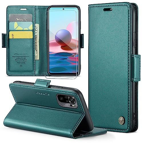 FERLAN Funda para Xiaomi Redmi Note 10 4G/Redmi Note 10s + 2 Piezas Cristal Templado,Compatible con Carga inalámbrica, con Bloqueo RFID, Hebilla Magnetica, Ranuras para Tarjetas,Azul Verdoso