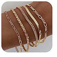 DEARMAY 14K Gold Plated Bracelets for Women Waterproof, Jewelry Sets Trendy Thin Dainty Stackable Cuban Link Paperclip Chain Bracelet Pack Fashion Accessories Gifts for Womens, 8.5 Inch, Brass Plated