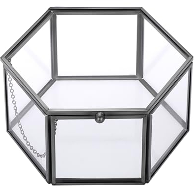 SUMTree Schwarz Schmuckschatulle Metall Glas Schmuckbox Glasbox Schmukkiste Schmuckkoffer Geschenk für Hochzeit Geburtstag Weichnachten Schmuckaufbewahrung Ring Schmuck Damen Mädchen(Sechseck Gross)