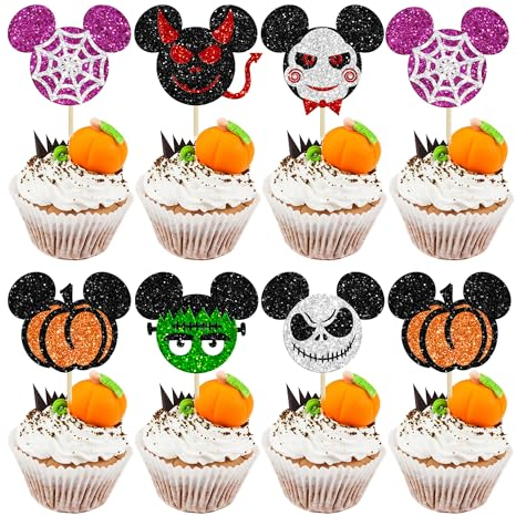 Gyufise 24Pcs Mini Mouse Inspired Halloween Cupcake Toppers Glitter Witch Hat Bat Ghost Spooky Cupcake Picks for Halloween Theme Baby Shower Birthday Party Cake Decorations Supplies