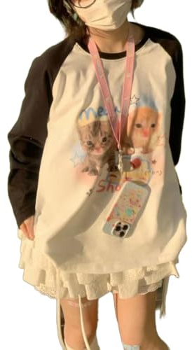 OATSBAS Y2K Süßes Sweatshirt für Damen, Teenager, Mädchen, Tierdruck, langärmelig, adrettes Sweatshirt, Kawaii-Kleidung, Schwarz, M