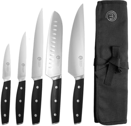 MasterChef Cuchillos Cocina con Manta, Juego de Cuchillos de Cocina Aceros Inoxidables, Set Cuchillo de Chef, Santoku, Verduras y mas, Multifuncional, 5 Piezas, Plata, Alto Carbono