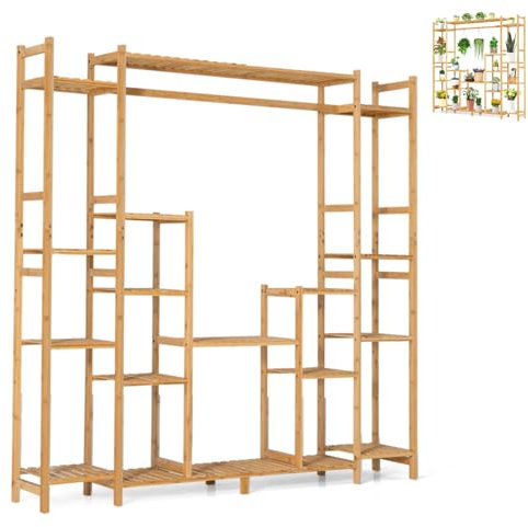 TANGZON 9 Tier Tall Bamboo Plant Stand, Indoor Outdoor Plant Shelf Holder with Hanging Rack, Hollowed Shelves & Anti-toppling Device, Flower Bonsai Pot Display Rack for Home Living Room Garden Balcony