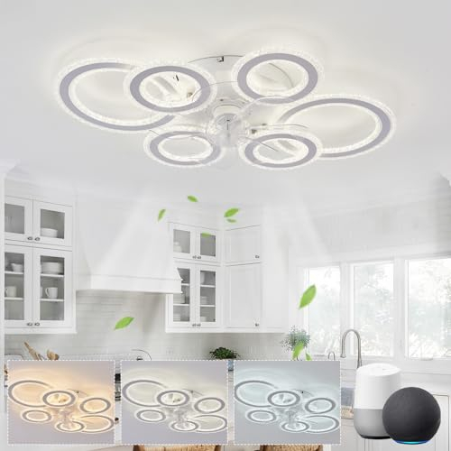 Ventilador de Techo con Luz Salón Compatible con Alexa y Google Assistant 76cm Lampara Ventilador 6 Anillos Silencioso Temporizador Regulable Función de Memoria Reversible para Dormitorio, Blanco