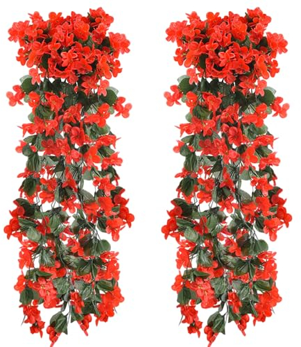 LOREC 2 Stück Kunstblumen Hängend Rot 70CM Kunstblumen Veilchen Efeu Künstlich Künstliche Blumen Hängend Glyzinien Hängeblumen Künstlich Hängende Blumen für Garten zu Hause Hochzeiten