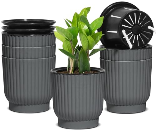 T4U 4.5 Inch Self Watering Pots 6 Pack, Plastic Plant Pots with Holder, Windowsill Flowers Pots for All Indoor Outdoor Plants, African Violets (Grey)