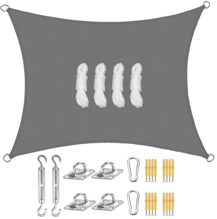 Sunal Tenda da sole quadrata, 3 x 3 m, con set di fissaggio, in poliestere PES, impermeabile, con corde di fissaggio, per protezione solare su balconi, giardini e terrazze, grigio