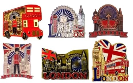 6 London Metal Magnets, England British Souvenir Fridge Magnet, Union Jack Magnet