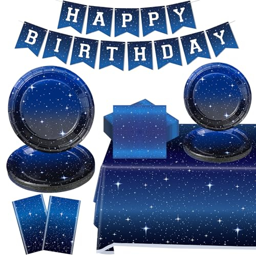 123 Pcs Space Galaxy Party Supplies Starry Night Tableware Set Space Happy Birthday Plate Outer Space Plate Solar System Planet Napkins Tablecloth Galaxy Planet Theme Birthday Party Banner Serves 40