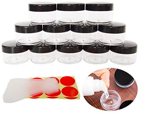 Wopanxye 12pack 15 Gram Small Clear Cosmetic Sample 15ml Empty Containers for Make-up Gifts, Eye-Shadow, Nails, Powder, Gems, Beads, Jewelry, Cream, 15g Pot Jars with Black Cap Lids, Free Spatulas