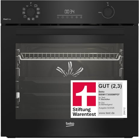 Beko BBIM17300BMPEF b300 Backofen, Einbaubackofen, 72 l Garraum, Multifunktionsofen, 10 Funktionen, AeroPerfect Heißluft, FlexiCrisp, Pyrolyse Selbstreinigung, SteamShine Reinigung, SoftClose, Schwarz