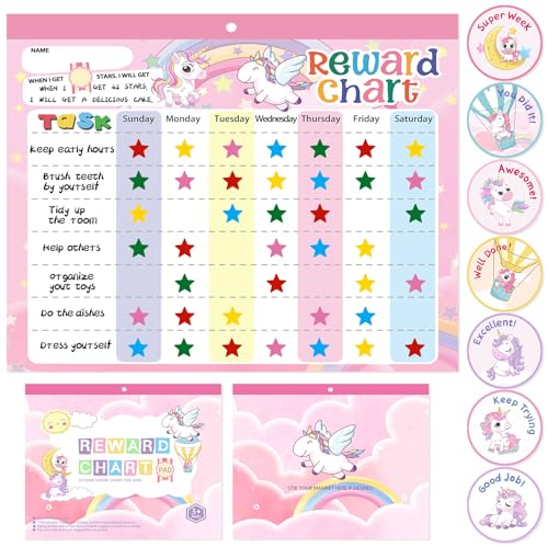 Magnetic Reward Chart for Kids at Home, Behavior Chart Pad with 26 Chore Charts, 1680 Star Stickers, 84 Motivational Stickers to Motivate Responsibility & Good Habits (Unicorn)