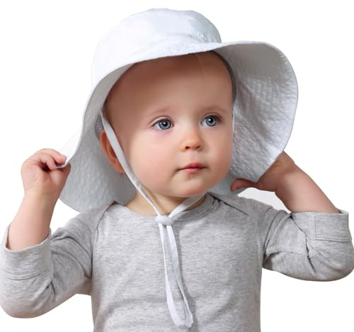 Zando Uv Sonnenhut Baby, Unisex Neugeborenen Mütze, Verstellbarem Bindebändern Cap, Sommerhüte UPF 50+ Für Baby Mädchen Jungen, Weiß, 50
