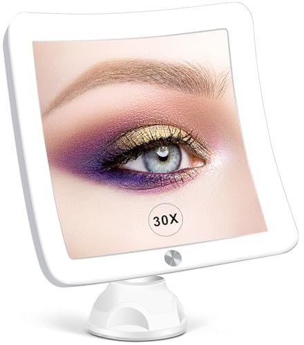 Fabuday Specchio ingranditore illuminato 30X con luci, 20,3 cm, con ventose e ingrandimento per bagno, doppia alimentazione, illuminazione regolabile, specchio ingrandito quadrato