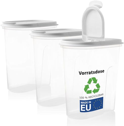 SUSTANIA Vorratsdosen 3er Set weiÃŸ 2L, Schüttdosen, transparent mit Klappdeckeln, Müslispender, aus Kunststoff, ideal z.B. für Müsli, Made in Europe, 100% recyclebar
