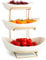 XUDREZ Weiß Gold Obstschale für Küche, 3 Tier Keramik Obstschale mit Metall Stand gestaffelt Obstkorb Obst Stand für Salat Snacks Brot Süßigkeiten Gemüse Lagerung (Weiß)
