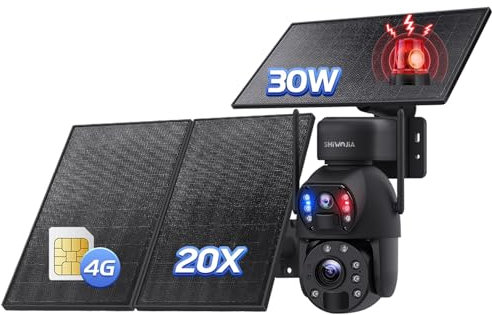 SHIWOJIA 3G/4G LTE Solar Surveillance Camera with 30W Solar Panel 20,000mAh Battery 6MP Outdoor Wireless Camera [24/7 Recording], Dual Lens Dual PIR IP66