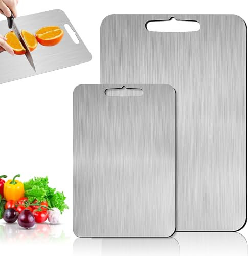 2PCS Tabla de Cortar de Titanio,Titanium Cutting Board,Tabla de Cortar de Acero Inoxidable,Tabla cortar acero inoxidable,Tabla cortar cocina titanio para cortar carnes, frutas y verduras
