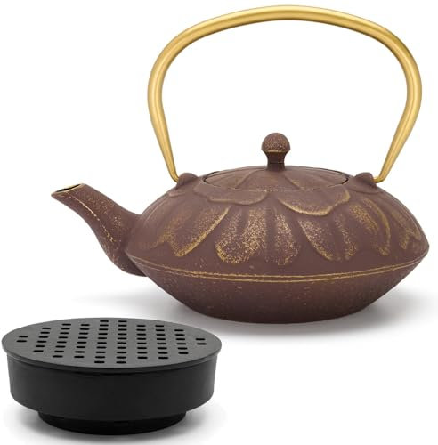 Bredemeijer Teekanne 1.3 Liter - flache Asia Gusskanne lila im Set mit Guss-Stövchen inkl. Edelstahl-Tee-Filter-Sieb Einsatz