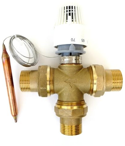 Thermostatventil Kapillar Messing 3-Wege DN25 regelbar 30-70°C Verschraubungen 1 Aussengewinde