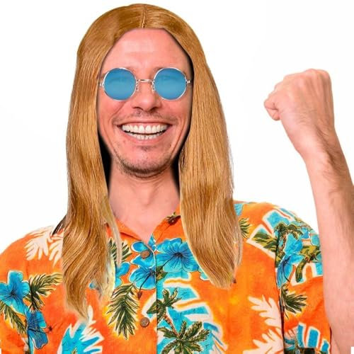 HatStar Hippie Perücke 70er Jahre Perücken für Herren & Damen zu Karneval Fasching Motto Party (dunkelblond)