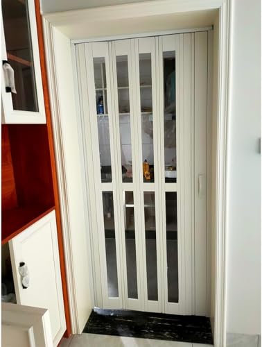 SAFWELAU Scheunentür Innentüren Akkordeon-Schiebetür mit Acrylglas, 80 75 72 70 60 48 Zoll breit Magnetische Mehrfachfalttür aus Aluminium, Weiß(WxH 106x203cm/42x80in)