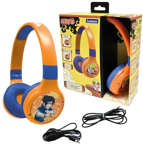 LEXIBOOK, Naruto, Auriculares 2 en 1 Bluetooth y con Cable con micrófono y Botones de Control, Plegables y Ajustables, Batería Recargable de Larga duración, Naranja/Azul, HPBT010NA