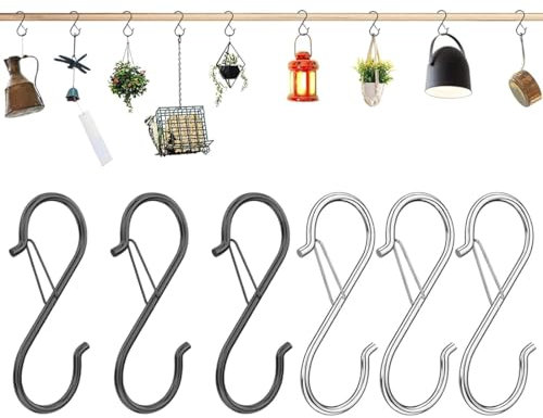 FENQURO 6 pièces Crochet S Acier Inoxydable avec Boucle de Sécurité, Crochet en S Crochet en métal robuste crochet double pour suspendre tasses, l'armoire vêtements, cuisine pots et des bols