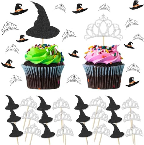 24 Stück Hexenhut Krone Cake Topper Muffins Deko Cupcake Deko Hexe Tortendeko Halloween Geburtstag Kuchen Deko Hexen Deko für Prinzessinnen Geburtstag Hochzeit Party Dekorationen