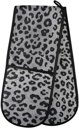 Dual-functionality Potholders Oven Mitts High Heat Resistant Kitchen Oven Gloves BBQ (Fake Glitter Leopard Print Grey)