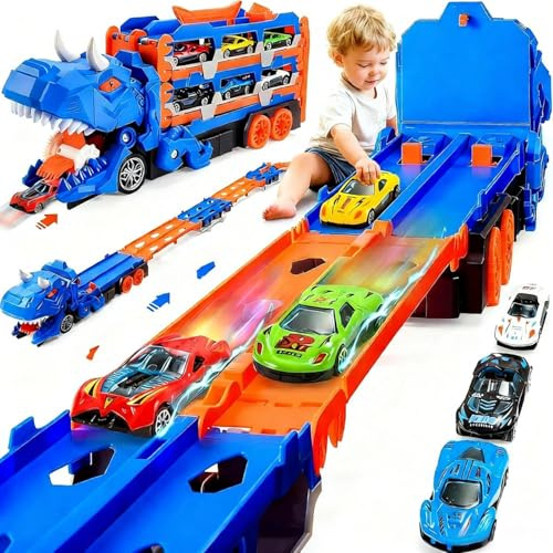 Dinosaurier Transport Truck Spielzeug ab 3 4 5 6 Jahre, Faltbare Autorennbahn Spielzeugauto mit 6 Rennautos, Tragbares Transporter Spielset Auto Spielzeug Geschenk für Jungen Kinder Mädchen