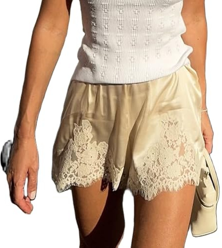 Amiblvowa Women Satin Silk Lace Shorts Low Rise Micro Mini Shorts Coquette Lounge Half Slip Pj Bottoms French Knickers (Beige, M)