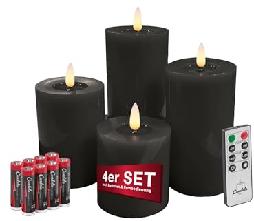 LC Home Candela Lights LED Kerzen 4er Set mit Fernbedienung, Batterien & Timerfunktion LED Echtwachs Kerzen Flammenfunktion & dimmbar Winter Schwarz