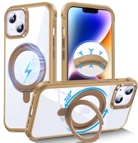 DASFOND für iPhone 13/14 Hülle, [Kompatibel mit MagSafe ] 360°Magnetischer Ständer Militärschutz Schlankes, Stoßfeste Kratzfeste Handyhülle für iPhone 13/14 Case All-in-One, Transparent Gold