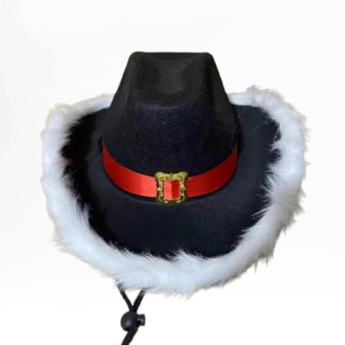 Weihnachten Feder Kappe Santa Cowboy Hut Erwachsene - Rot Filz Weihnachten Cowboy Hut mit Pelzbesatz, Gürtel und Kinnkordel - Neuheit Festliche Western Weihnachten Party Kostüm Accessoire (S