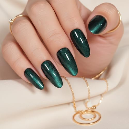 Green Cat Eye Press On Nails, Almond Shape | Glossy with Shimmer Finish, Full Cover False Nails, Party Wedding Festival Halloween, 32 Pieces 16 Sizes
