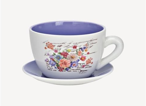 Seyila Home Pflanztasse aus Keramik mit Unterteller, Blumentopf in Tassenform, Deko-Pflanzgefäß,Pflanzkübel, Blumentopf in versch. Größen und Designs (Lila, 25 cm)