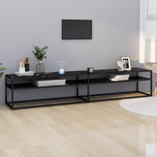 Tonture Meuble TV en Verre trempé et Acier 220x40x40,5 cm Design marbre Noir avec étagère de Rangement pour Salon Chambre séjour écran multimédia Moderne