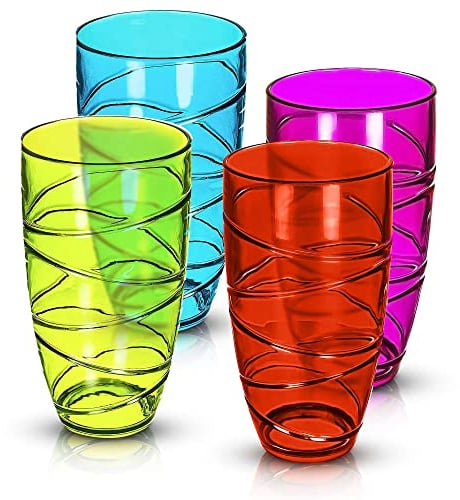 FiNeWaY Set of 4 Coloured Swirl Plastic Acrylic Drink TUMBLERS Glasses HI Ball Glass Party Picnic BBQ Camping Garden (4PC Coloured Swirl TUMBLERS Glasses)