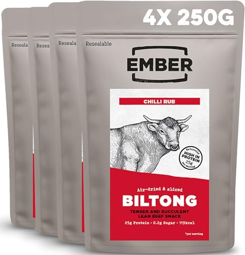 Ember Rindfleisch Biltong Chilli 1kg - Proteinreicher Trockenfleisch Beef Jerky Snack - Fettarm, Keto, ohne Zuckerzusatz - 4 x 250-g-Verschlussbeuteln (Verpackung kann variieren)