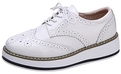 ANUFER Mujer con Cordones Brogues Zapatos Deportivos Casual Plataforma Creepers Blanco Charol SN02887 EU38.5
